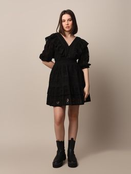 ONLY - Women Embroidered Fit and Flare Party Black Dress