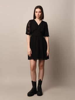 ONLY - Women Self Design Party Black Fit and Flare Dress