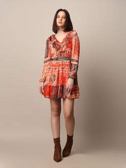 ONLY - Women Paisley Printed Casual Orange Fit and Flare Dress with Belt (Set of 2)
