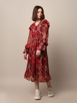 ONLY - Women Abstract Printed Casual Maroon Midi Dress