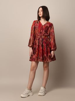 ONLY - Women Abstract Printed Casual Maroon Fit and Flare Dress