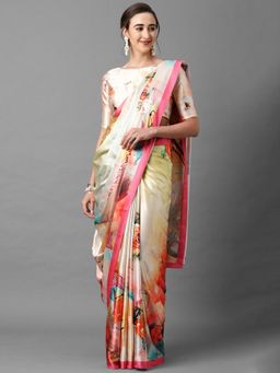 Akhilam - Malti Festive Satin Silk Printed Saree with Unstitched