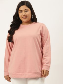 theRebelinme - Plus Womens Pink Solid Color Knitted Fleece Sweatshirt