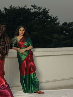 Huts and Looms - Red and Green Handloom Tissue Saree