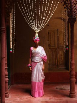 Huts and Looms - Silver and Pink Handloom Tissue Saree