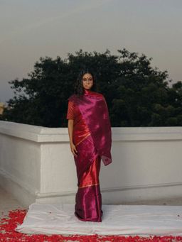 Huts and Looms - Red and Purple Handloom Tissue Saree