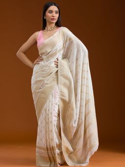 Koskii - Cream Zari Georgette Saree with Unstitched Blouse