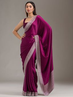 Koskii - Wine Embellished Satin Saree with Unstitched Blouse