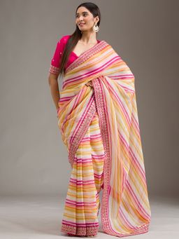 Koskii - Rani Pink Embellished Tissue Saree with Unstitched Blouse
