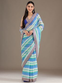 Koskii - Blue Embellished Tissue Saree with Unstitched Blouse