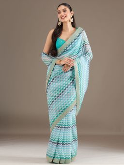 Koskii - Sky Blue Embellished Tissue Saree with Unstitched Blouse