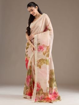 Koskii - Pink Embellished Tissue Saree with Unstitched Blouse