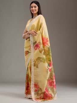 Koskii - Yellow Embellished Tissue Saree with Unstitched Blouse
