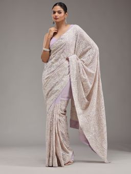 Koskii - Lavender Thread Work Georgette Saree with Unstitched Blouse
