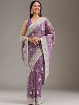 Koskii - Women Zariwork (Silver) Tissue Saree With Unstitched Blouse