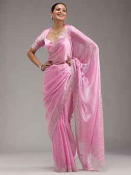 Koskii - Women Zariwork (Silver) Organza Saree With Unstitched Blouse