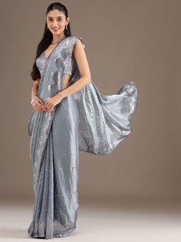 Koskii - Grey Embellished Tissue Saree with Unstitched Blouse
