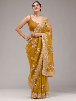 Koskii - Mustard Embellished Tissue Saree with Unstitched Blouse