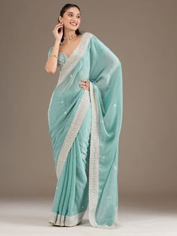 Koskii - Sea Green Embellished Tissue Saree with Unstitched Blouse