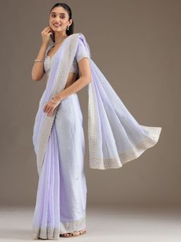 Koskii - Sky Blue Embellished Tissue Saree with Unstitched Blouse