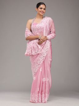 Koskii - Pink Embellished Tissue Saree with Unstitched Blouse