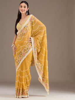Koskii - Mustard Embellished Tissue Saree with Unstitched Blouse