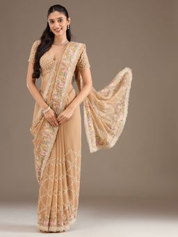 Koskii - Beige Embellished Tissue Saree with Unstitched Blouse