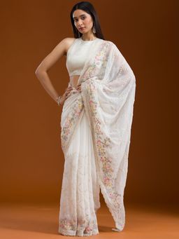 Koskii - White Embellished Tissue Saree with Unstitched Blouse