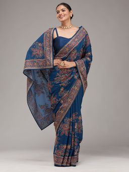 Koskii - Blue Thread Work Tissue Saree with Unstitched Blouse