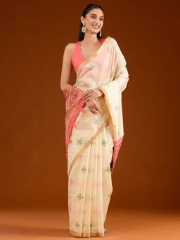 Koskii - Cream Zari Tissue Saree with Unstitched Blouse
