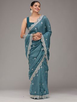 Koskii - Blue Zari Georgette Saree with Unstitched Blouse