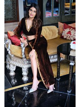 Attic Salt - Brown Solid Velour Top & Skirt With Slit