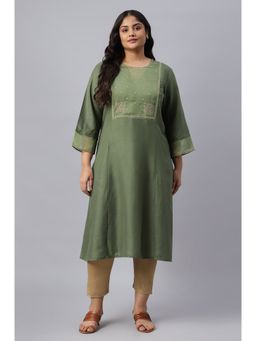 W - Olive Green A-line Embroidered Plus Size Kurta With Sequins