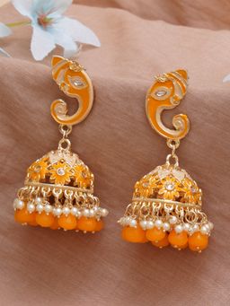 Karatcart - Gold Plated Yellow Lord Ganesha Jhumki Earrings for Women