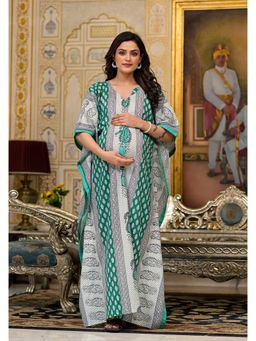 AUJJESSA - Green Multi Printed Front Zipper Maternity Feeding Kaftan