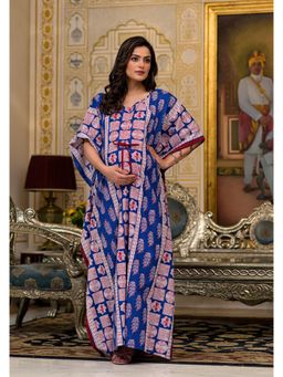 AUJJESSA - Indigo Red Printed Front Zipper Maternity Feeding Kaftan