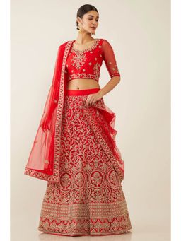 Soch - Women Red Velvet Embroidered Lehenga Choli Dress Material (Set of 3)