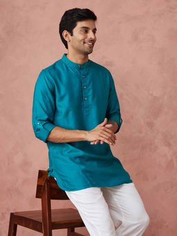 Fabindia - Teal Viscose Silk Round Slim Fit Short Kurta