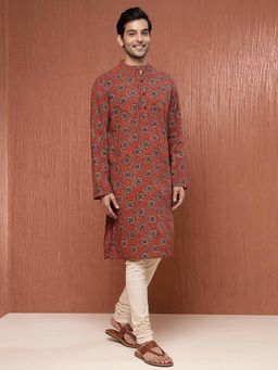 Fabindia - Maroon Cotton Printed Slim Fit Long Kurta