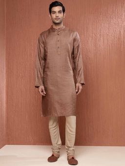 Fabindia - Brown Silk Blend Solid Slim Fit Long Kurta