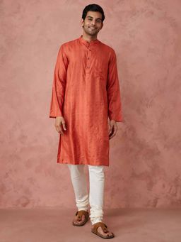Fabindia - Orange Silk Blend Striped Slim Fit Long Kurta