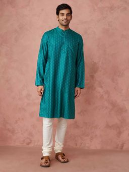Fabindia - Teal Viscose Blend Dobby Slim Fit Long Kurta