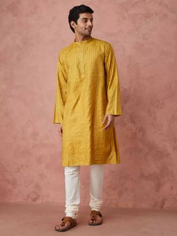 Fabindia - Yellow Silk Blend Striped Long Kurta