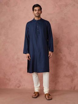 Fabindia - Navy Blue Viscose Blend Stripes Long Kurta