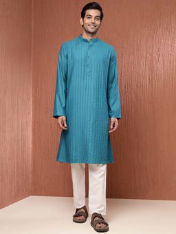 Fabindia - Teal Viscose Silk Stripes Long Kurta