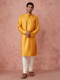 Fabindia - Yellow Viscose Silk Straight Long Kurta