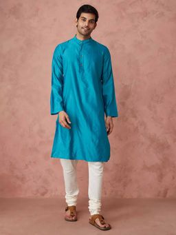 Fabindia - Turquoise Viscose Silk Woven Slim Fit Long Kurta