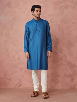 Fabindia - Blue Viscose Silk Straight Slim Fit Long Kurta