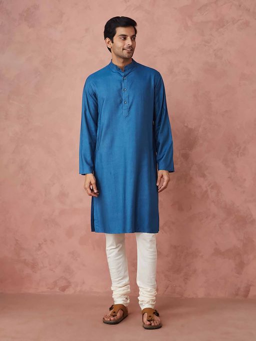 Fabindia Blue Viscose Silk Straight Slim Fit Long Kurta