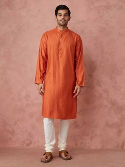 Fabindia - Orange Viscose Silk Straight Slim Fit Long Kurta
